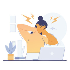 Woman experiencing neck pain and discomfort while working at a laptop illustrating the effects of poor posture and prolonged screen time