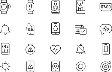 Collection of hand drawn health and fitness icons for smart devices