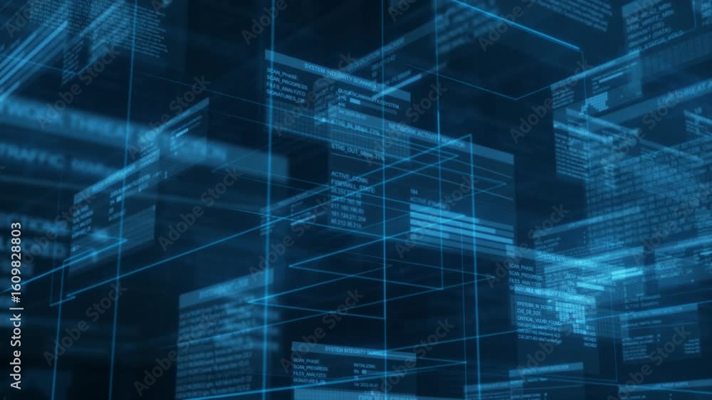 Poster technological interface displaying data streams, code, and infographic elements. this dynamic blue h