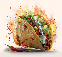 Sizzling taco captured mid-air with dynamic energy, golden, with juicy spiced ground beef, shredded lettuce, sliced avocado, sour cream dollops and diced red chilies. Isolated on light pink background