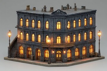 Grey stone building with orange lights glowing at night  
