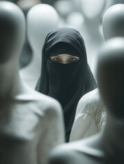 femme voil&eacute;e en burka noire et mannequin blanc - IA Generated