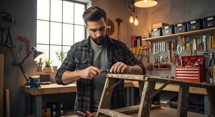 A man in a workshop repairing a ladder with tools and equipment visible in the background and on the desk