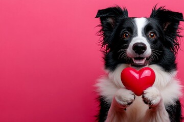 Ad campaign idea graphic visual design. Collie - my treasured dog. Cute collie dog with diamond red heart - symbol of love, funny greeting card. Valentine's pet decorations. Red heart.