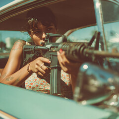 femme arm&eacute;e dans une voiture - IA generated