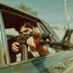 une femme arm&eacute;e en voiture, gang - IA Generated