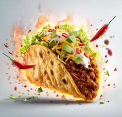 Sizzling taco captured mid-air with dynamic energy, golden, with juicy spiced ground beef, shredded lettuce, sliced avocado, sour cream dollops and diced red chilies. Isolated on grey background. 