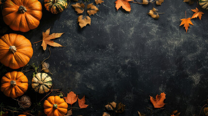 Horizontal Halloween composition, multiple pumpkins and colorful autumn leaves from above, on stone-gray surface, copy space for text or logos
