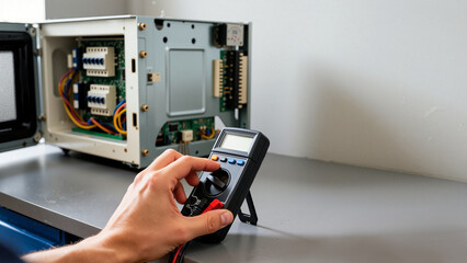 Multimeter adjustment during appliance repair, shown with hand adjusting settings on multimeter. Electronic components are visible, ready to be repaired.