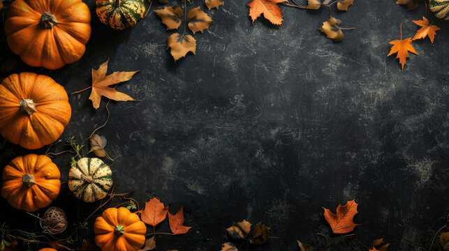 Horizontal Halloween composition, multiple pumpkins and colorful autumn leaves from above, on stone-gray surface, copy space for text or logos - Powered by Adobe