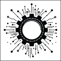 A black gear with circuit lines and dots radiating outwards on a white background in a square frame