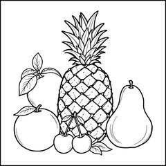 A black and white line drawing of a pineapple, orange, pear, and cherries with leaves around them