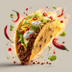 Sizzling taco captured mid-air with dynamic energy, golden, with juicy spiced ground beef, shredded lettuce, sliced avocado, sour cream dollops and diced red chilies. Isolated on neutral background. 