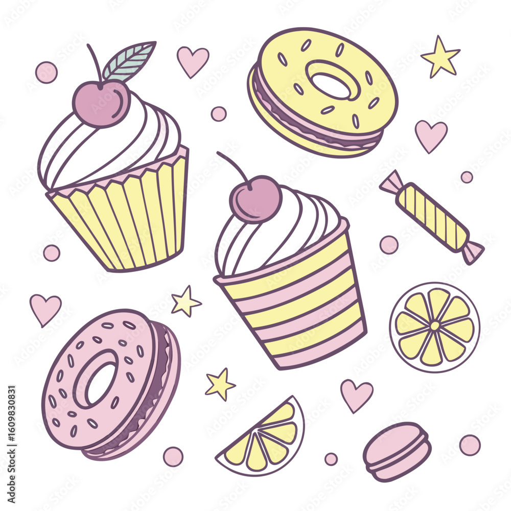 Poster charming and playful seamless pattern design featuring a delightful assortment of sweet desserts per