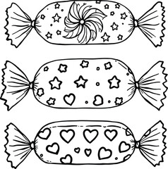 Three candies with different patterns drawn in black and white in a vertical arrangement line art
