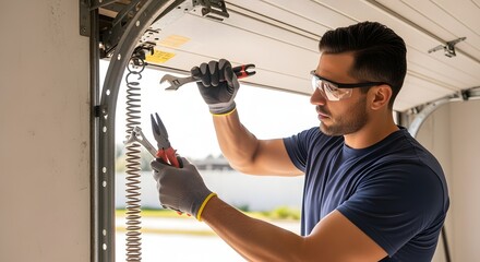 Man repairing garage door spring with wrench and pliers wearing safety glasses and gloves indoors near door frame