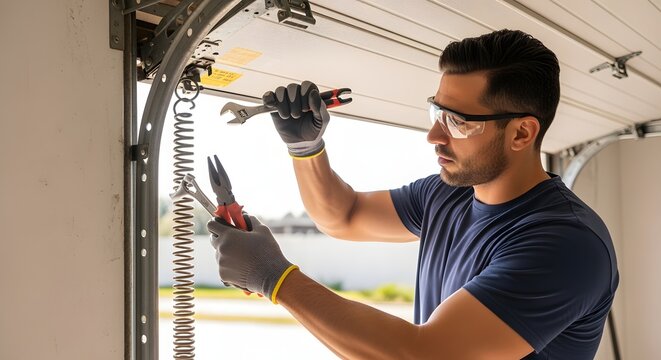 Man repairing garage door spring with wrench and pliers wearing safety glasses and gloves indoors near door frame