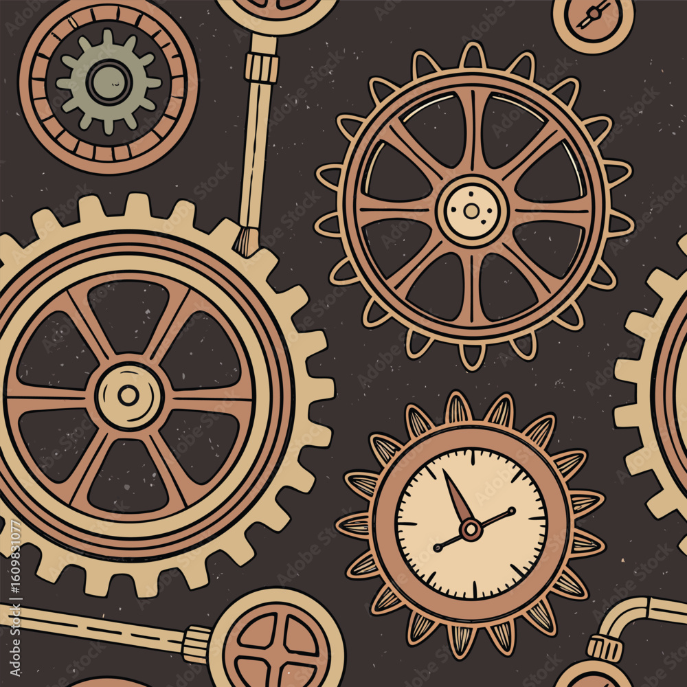 Poster seamless steampunk inspired pattern design featuring intricate gears clockwork elements and industri