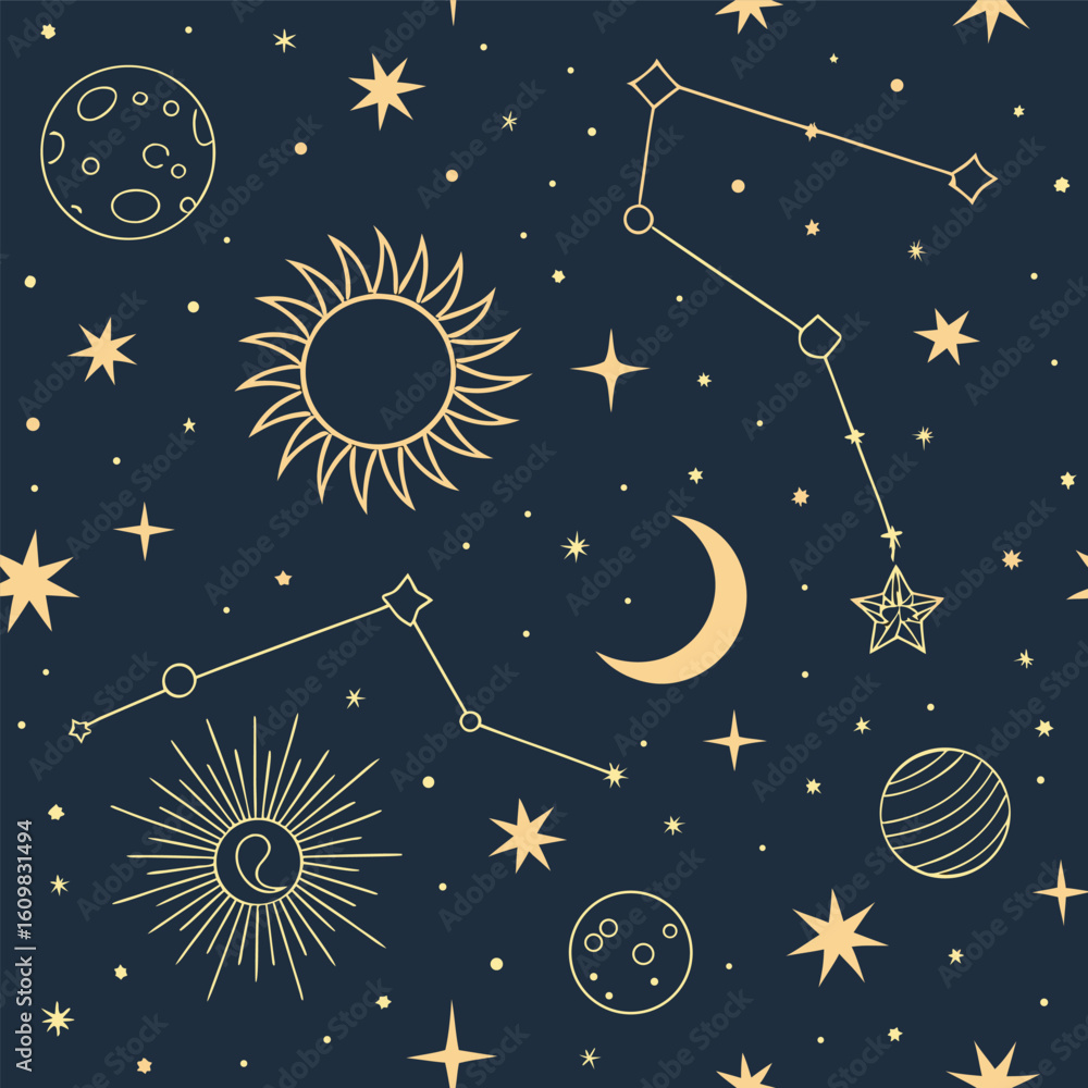 Poster seamless celestial star pattern design with cosmic elements and vibrant colors for space exploration