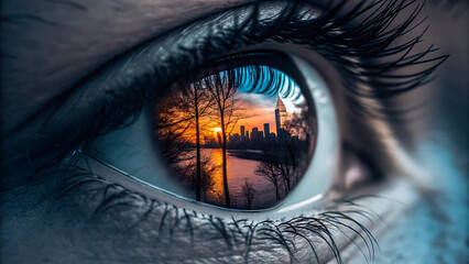 Naklejka premium Close-up of a Human Eye Reflecting a Sunset Landscape: Artistic Vision and Inner World 3D icon high quality resolution