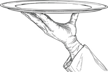 A hand holding a round tray in a black and white illustration with detailed lines and shading effects