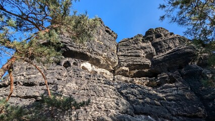 Huge boulders of the sandstone mountains of the Saxon Switzerland National Park. Close-up