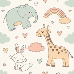 Charming seamless nursery animal pattern featuring cute woodland creatures and playful elements in a whimsical style perfect for baby textiles and decor