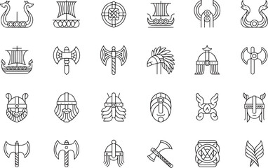Viking Line Icons – Nordic Symbols, Axes, Ships & Helmets in Monoline Style
