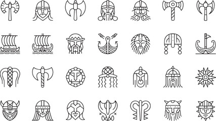 Viking Line Icons – Nordic Symbols, Axes, Ships & Helmets in Monoline Style