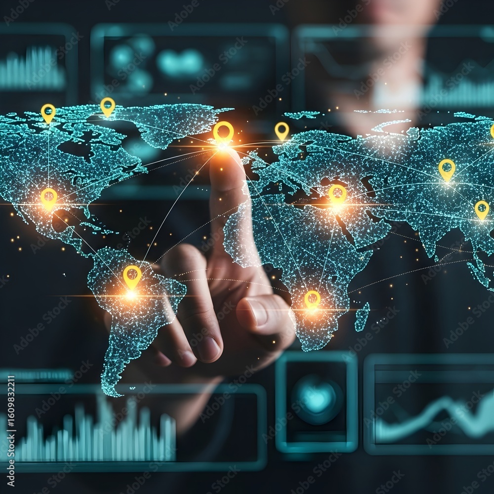Poster global business network man touching world map with digital connections and data visualization