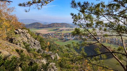 View from the Papststein. Landscape of the mountain and the village in the valley