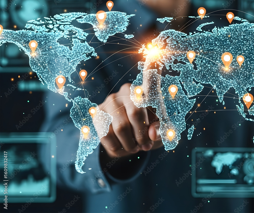 Poster global business network connection with digital world map and location pins technology concept