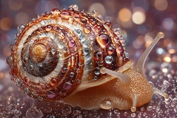 Detailed macro of snail’s shell with spiral droplets  
