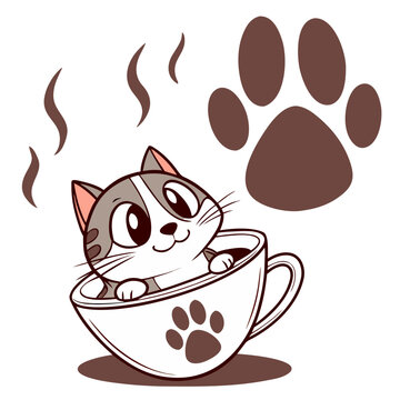 Smiling Cat Sitting Inside a Coffee Cup with Steam &ndash; Adorable Cozy Cat Illustration