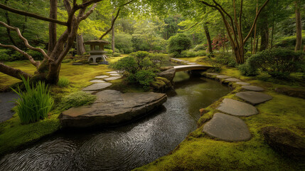 Obraz premium High-resolution cinematic photo of a serene Japanese garden with cherry blossom trees, a wooden bridge over a pond, moss-covered stones, and a traditional stone lantern in soft morning light