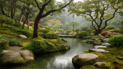 Fototapeta premium High-resolution cinematic photo of a serene Japanese garden with cherry blossom trees, a wooden bridge over a pond, moss-covered stones, and a traditional stone lantern in soft morning light