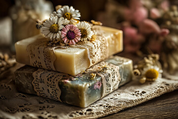 Old-fashioned handmade soap with dried flowers and lace, vintage