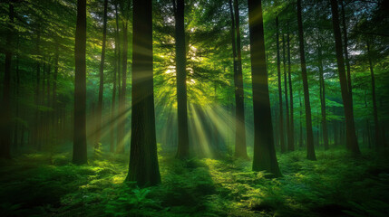 Obraz premium Dense, moody forest illuminated by single beam of sunlight piercing through tall trees, creating serene and magical atmosphere amidst lush green foliage