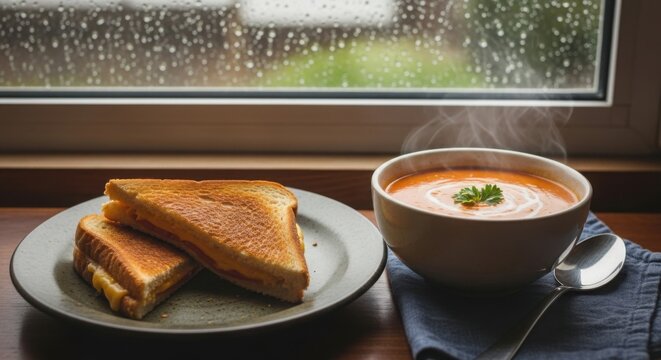 Comforting tomato soup and grilled cheese sandwich on a rainy day