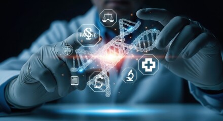 Doctor interacting with holographic medical icons and dna strand on futuristic interface