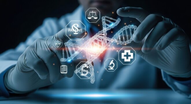 Doctor interacting with holographic medical icons and dna strand on futuristic interface