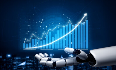 A robotic hand showcases a digital financial growth chart featuring an upward trend and currency symbols, symbolizing progress in technology and finance. Impute