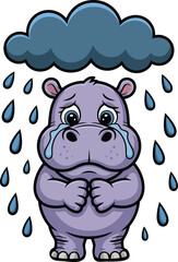 Obraz premium Sad Cartoon Hippo Under Rain Cloud with Tears on Transparent Background Crying Animal