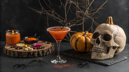 Fototapeta premium Spooky halloween cocktail with skull and pumpkin on a dark background