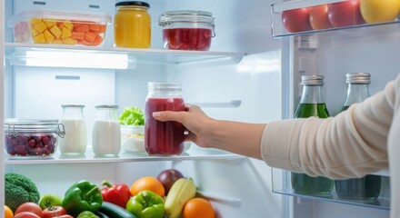 Hand reaching into a well stocked refrigerator for a bottle of juice