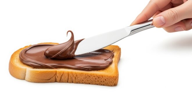 Hand spreading chocolate hazelnut spread on a slice of toasted bread with a knife