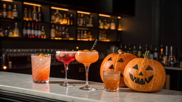 Halloween cocktails and carved pumpkins on a bar top shelf