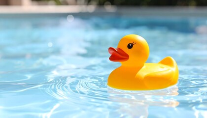 Yellow rubber duck floats on water surface of pool