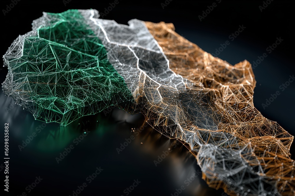 Poster abstract digital art of cote d'ivoire flag with triangle shapes connected by lines creating a modern