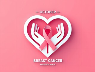 Breast cancer awareness month october pink ribbon support heart hands illustration